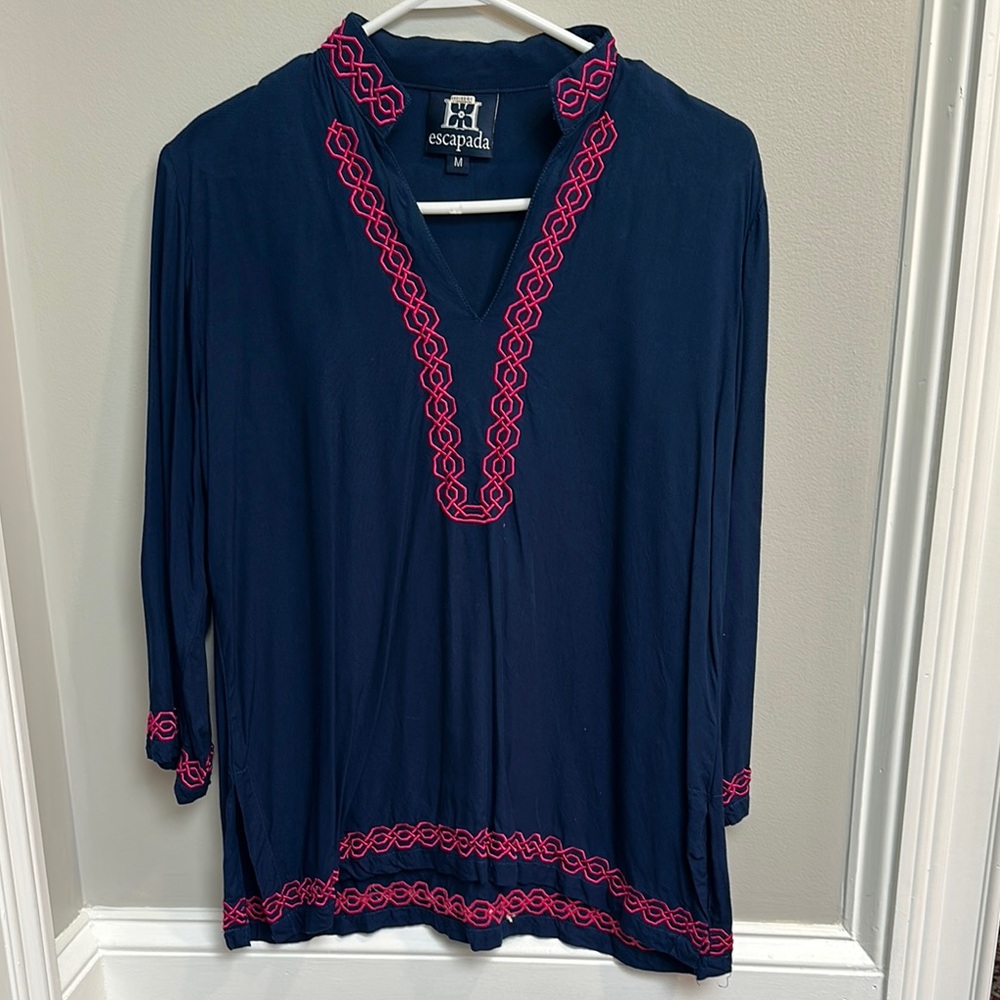 Escapada Blue Tunic with Pink Embellishments and 3/4 Sleeves